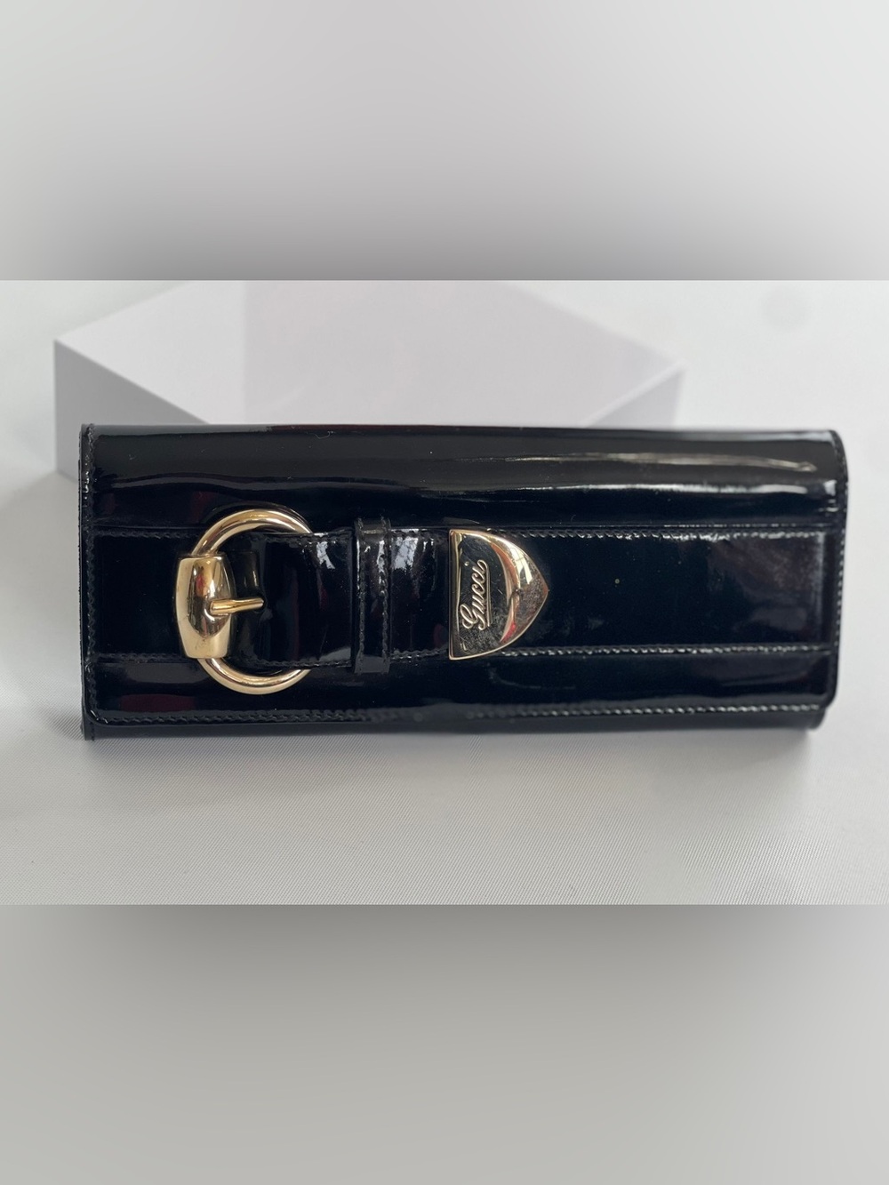 Gucci Black Patent Leather Clutch with Gold Buckle